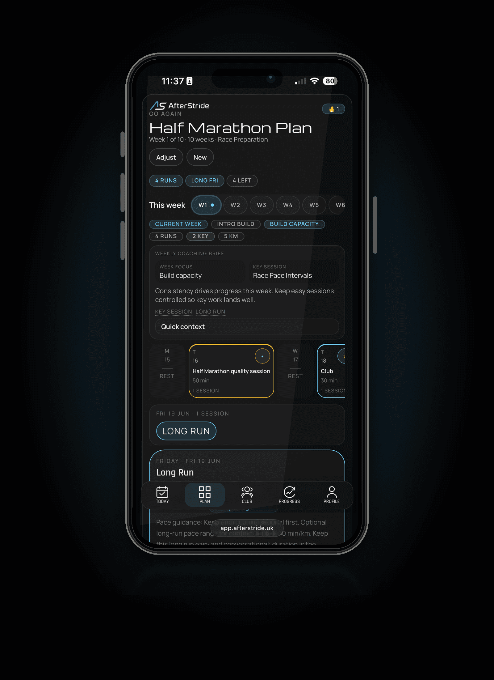 AfterStride half marathon plan screen