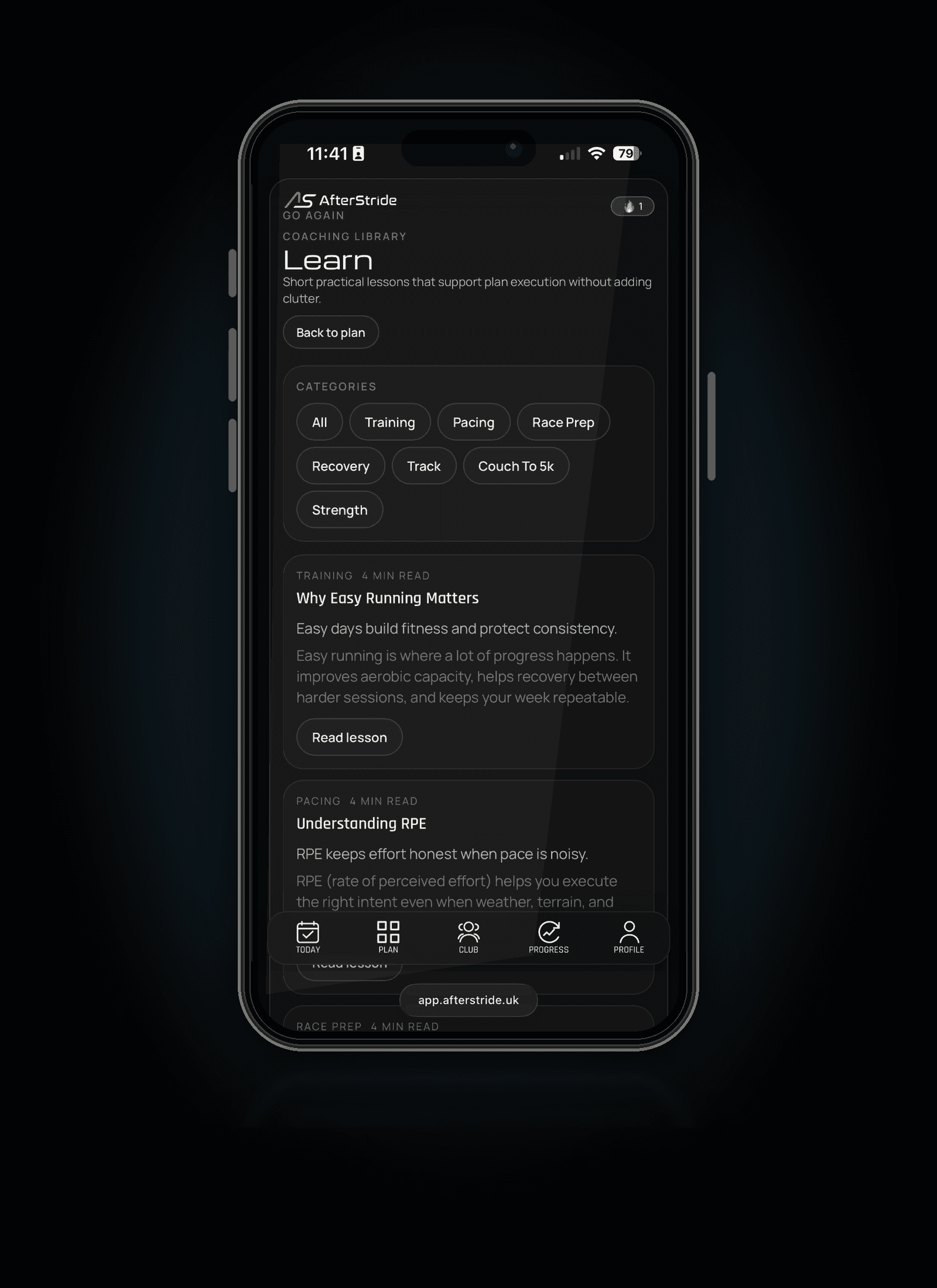 AfterStride learning and coaching support screen