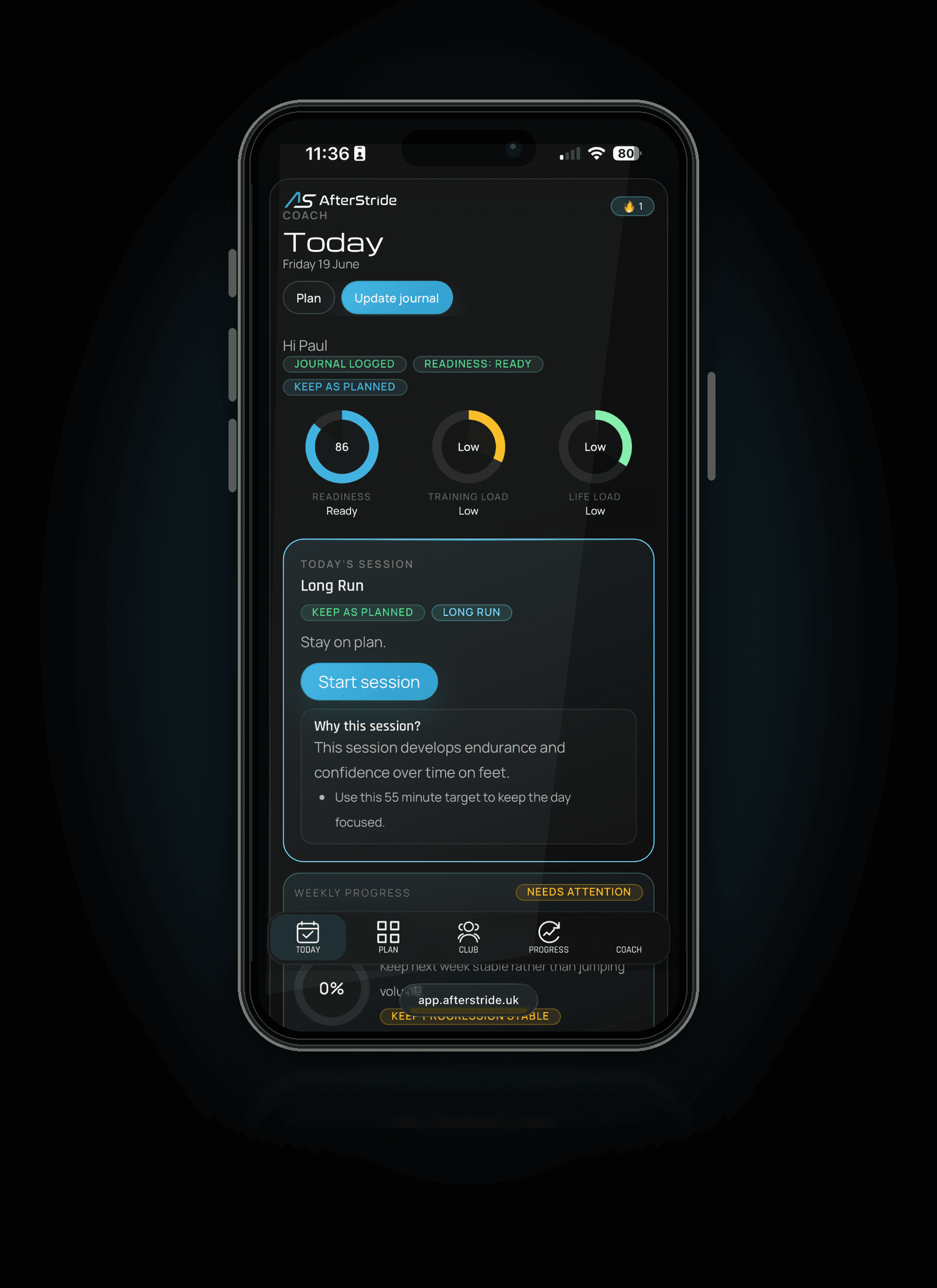 AfterStride Today dashboard showing the next planned session
