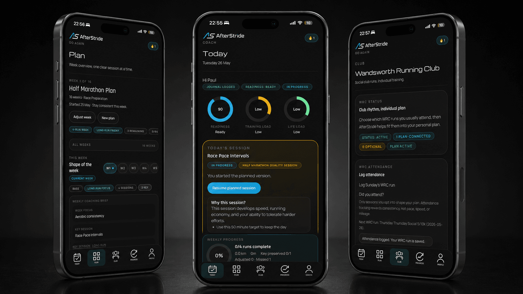 AfterStride app screens showing plan, today, and run club views